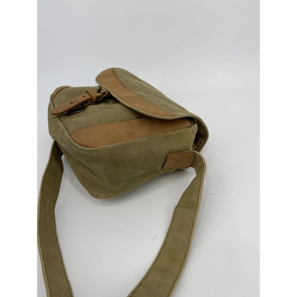 LL Bean Canvas Messenger Bag Olive Green Leather Trim Crossbody Field Bag Vtg